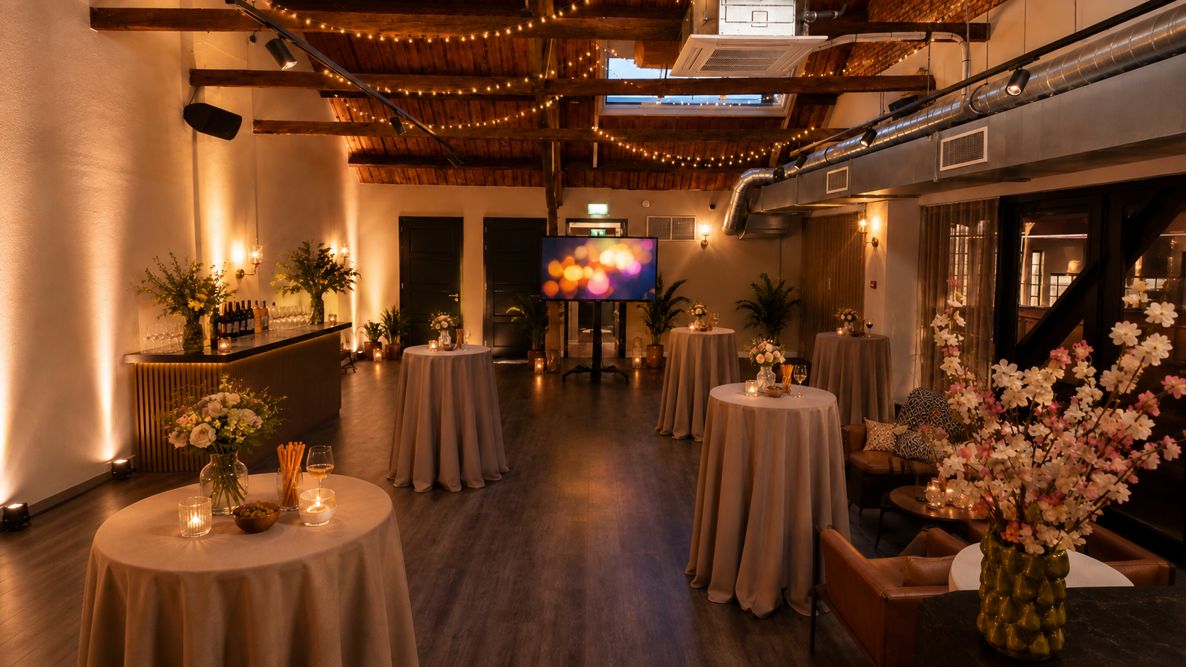 De zaal met de eigen bar, klaar voor een besloten feest